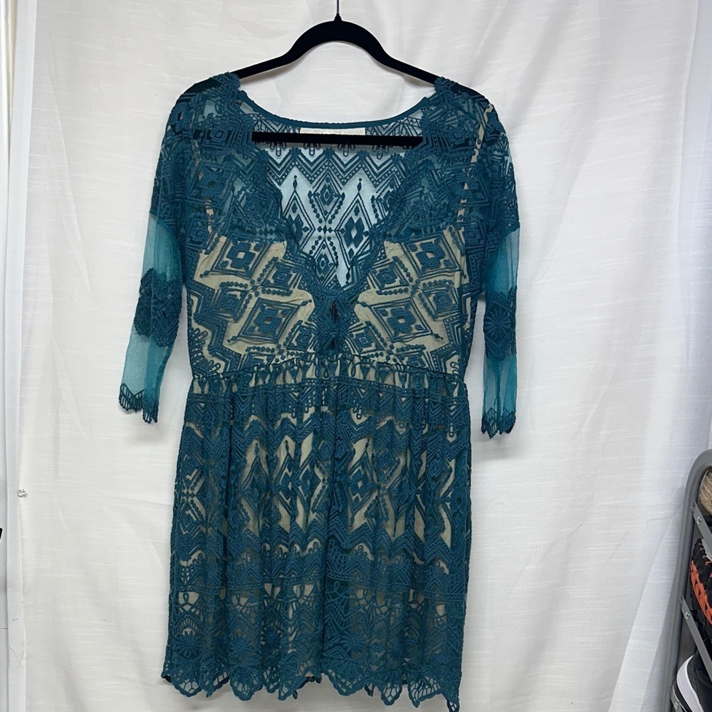 Jen's Pirate Booty Teal Geometric Lace Dress see Measurements ( oversized)